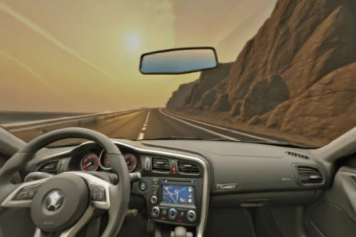First-person driver's seat view inside a — loading walkable 3D world